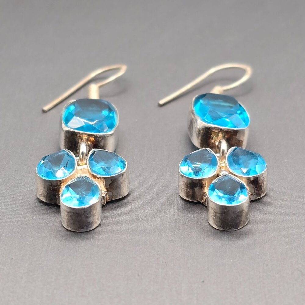 Sterling Silver Dangle Earrings 2.5" Blue Glass Gemstones 12.35g - Picture 2 of 14
